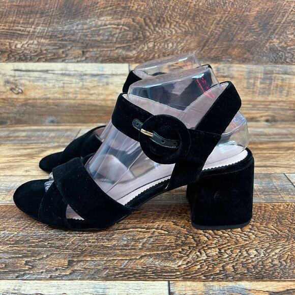 J. Crew Black Velvet Penny Sandals Women's 8.5 Chunky Block Heels Cross Strap - Picture 2 of 9